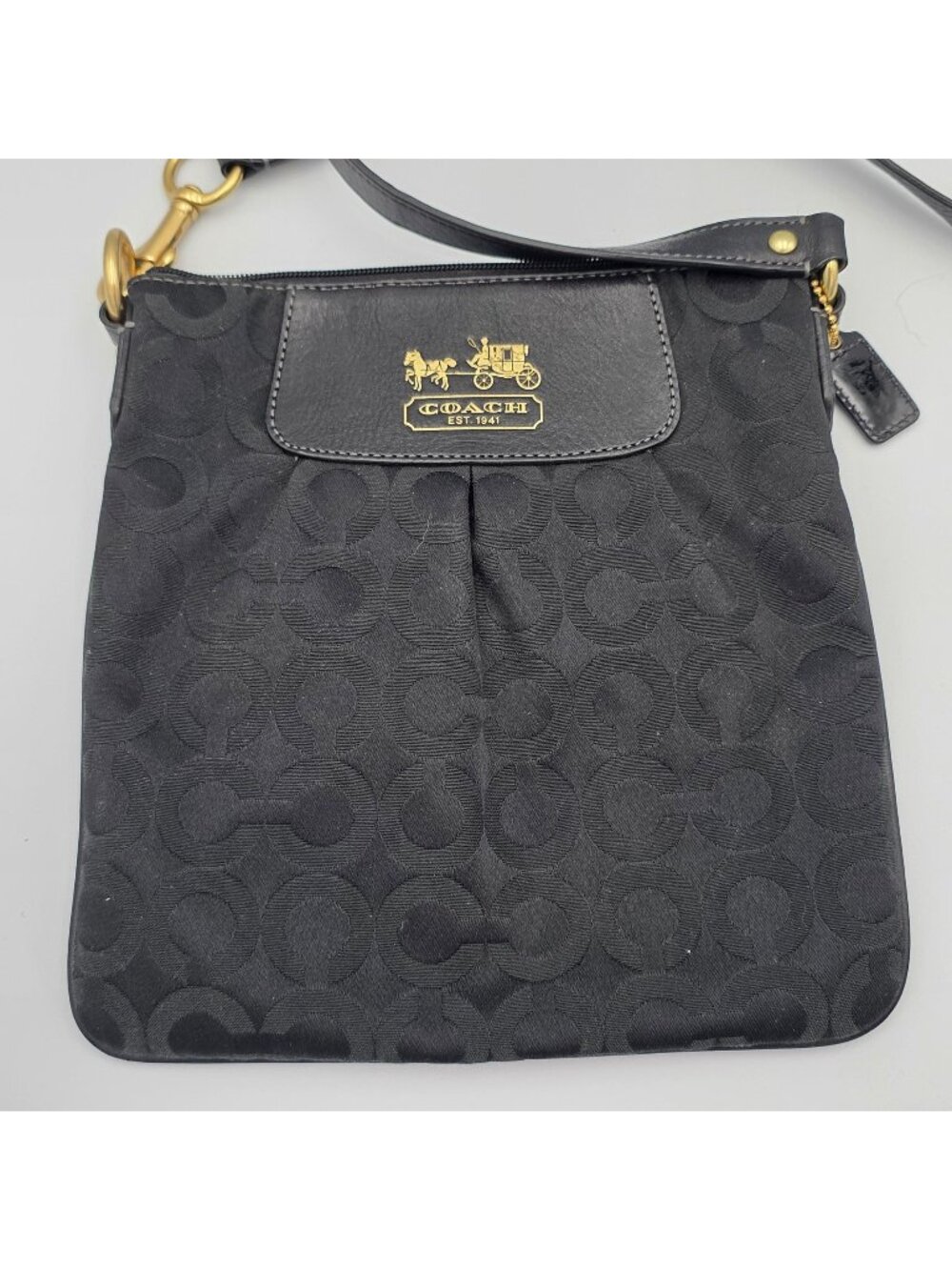 Coach Black Crossbody Bag Signature Jacquard Fabric Leather Accents Strap